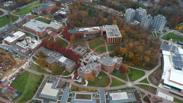 Aerial View Of Towson University Campus Buildings, Maryland USA At Fall Season, Drone Shot