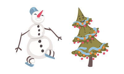 Funny snowman character and Christmas tree cartoon vector illustration