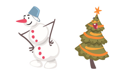 Cute funny snowman character and decorated Christmas tree cartoon vector illustration