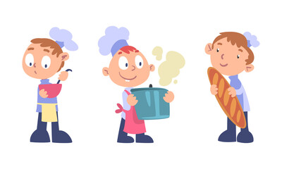 Chef kids cooking set. Little boys in uniform preparing tasty dishes cartoon vector illustration