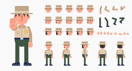 Forest ranger, policeman, police officer in uniform creation kit. Create your own action, pose, animation. Modern vector illustration
