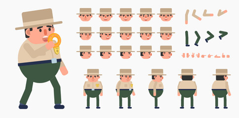 Forest ranger, policeman, police officer in uniform creation kit. Create your own action, pose, animation. Modern vector illustration