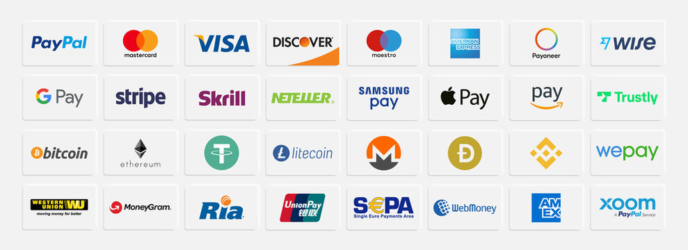 Online Payment Methods Icons Set Bitcoin, Ethereum, Cryptocurrency, Paypal, Mastercard, Visa, Maestro, Apple Pay, Amazon Pay, Google Pay & Stripe Company Vector Logo