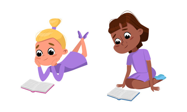 Kids reading books. Cute girls learning and enjoying reading of literature cartoon vector illustration