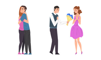 Romantic couples in love set. Happy young people hugging, loving man giving flowers to his girlfriend cartoon vector illustration