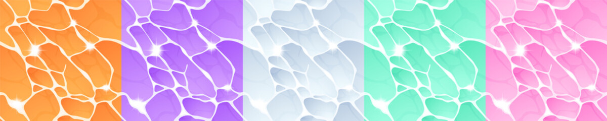 Textures of water surface with shine ripple for game background. Vector cartoon seamless patterns of top view of sea, ocean or lake surface, different colors clear aqua