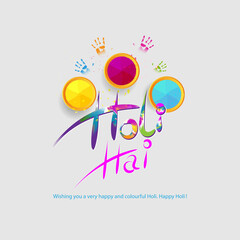 Vector illustration of Happy Holi greeting, written Hindi text means it's Holi, Festival of Colors, festival elements with colourful Hindu festive background