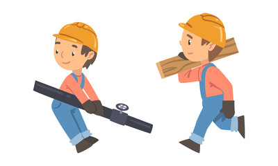 Kid builders working with construction tools set. Boys wearing overalls and safety hard hat with pipeline and plank cartoon vector illustration