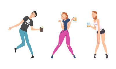 Happy drunk young people with beer mugs cartoon vector illustration