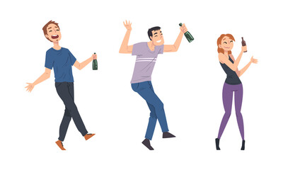 Happy drunk young men and woman walking with bottles of alcohol drinks cartoon vector illustration