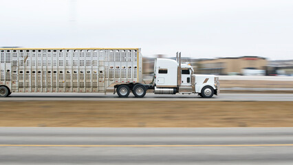 Heavy Cargo on the Road. A truck hauling freight along a highway. Taken in Alberta, Canada. This is a panning shot to show motion