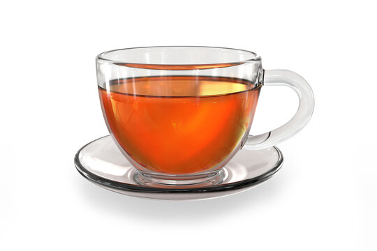 Glass cup of tea on a plate isolated on white background. 3d illustration.