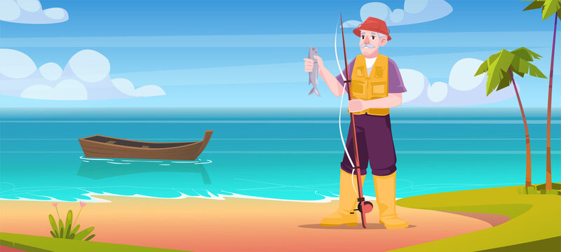 Old fisherman holding fish on rod stand at sea coast with floating wooden boat. Mature male character summer time activity, pensioner with haul, recreation, hobby, leisure, Cartoon vector illustration