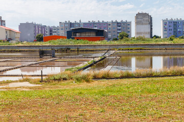 Fototapeta na wymiar Artificial pond from which salt is extracted in Pomorie, Bulgaria