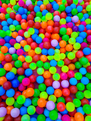 Fototapeta na wymiar Background of many plastic colorful balls in ball pool in a children's game room