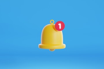 Notification bell icon on blue background. 3d rendering.