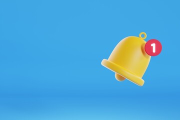 Notification bell icon on blue background. 3d rendering.