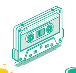 Retro Audio Cassette Tape. Isometric Outline Music Concept. Retro Device from 80s and 90s.
