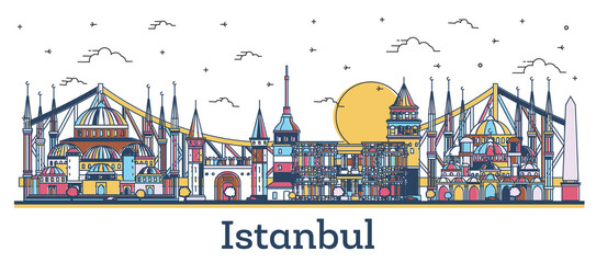 Obraz premium Outline Istanbul Turkey City Skyline with Historic Colored Buildings Isolated on White.