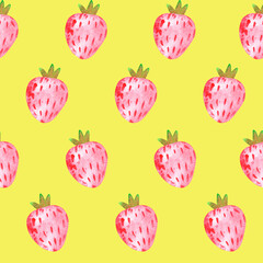 Strawberry. Seamless pattern. Watercolor illustration. Isolated on a yellow background. For design.