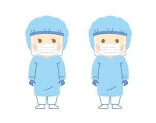 防護服を着る男女