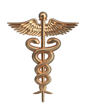 Golden caduceus medical symbol with snakes crawling on a pole with wings. 3d illustration isolated on a white background.