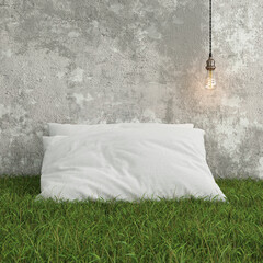Pillow on green grass. 3d render. mock-up.White pillow on a green lawn - 487711761