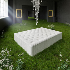 A luxury mattress in a beautiful black room with green grass and a crystal chandelier. 3d render. mockup - 487711765