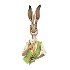 Hare bartender in a vest and with beer isolated on a white background - 487711903