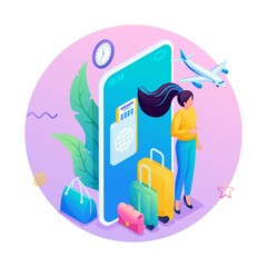 Modern isometry. 3D illustration of a young woman with travel suitcases and plane tickets. Search for air tickets and book hotels