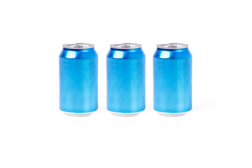 Three light blue aluminum cans on a white background. Drink concept