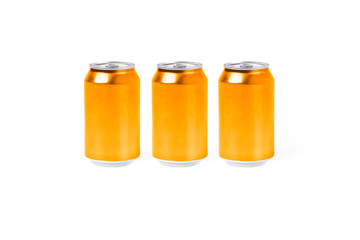 Three orange aluminum cans on a white background. Drink concept