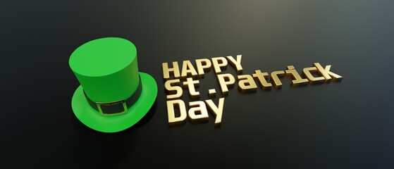 Happy St Patricks Day golden text and leprechaun green hat on black background. 3d render