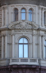 Balcony on the facade of the old building, Admiralteyskaya Embankment 8, St. Petersburg, Russia,...