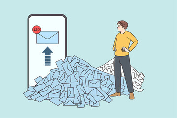 Unhappy male employee look at stack or unread emails think of workload. Man worker consider pile of mails and notifications of smartphone. Overwork and job stress concept. Vector illustration. 