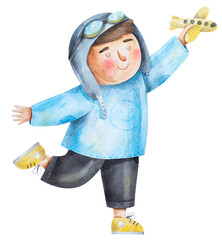 Boy plays with toy plane. Bright watercolor illustration. Hand-drawn kid in fancy dress of pilot with little plane. Picture for birthday greeting card