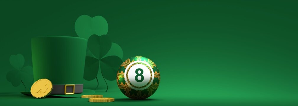 St. Patricks Day greeting card template. Shamrock leafs, green leprechaun top hat, golden coin and billiard ball with eight number. 3D render