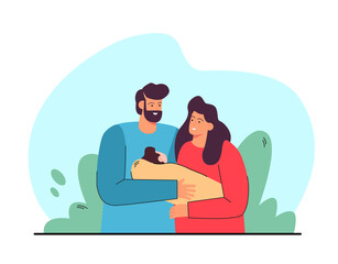 Happy mother and father holding newborn baby together. Man and woman looking at little child flat vector illustration. Family, love, care, childbirth concept for banner, website design or landing page