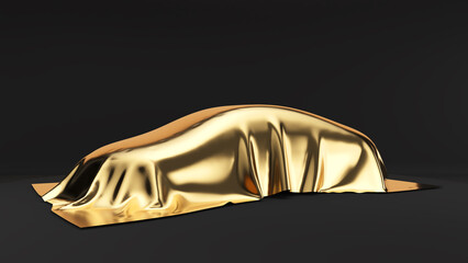 gold car cover on black background,golden cloth,side view,3d rendering