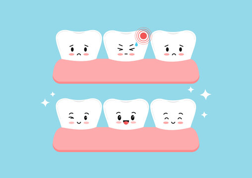 Healty tooth vs with pain ache isolated. Cute sick teeth in gum character. Flat cartoon dental kids mascot with hurt and toothache vector illustration. Dentistry hygiene prevention treatment concept.
