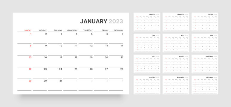 Monthly Calendar Template For 2023 Year. Week Starts On Sunday. Wall Calendar In A Minimalist Style.