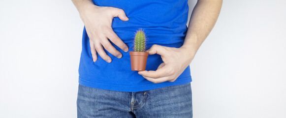 Concept. A man holds a cactus near his fly. Problems of the genitourinary system. Prostatitis....