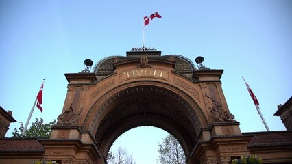 Arch at Tivoli Gardens, Copenhagen, Denmark flag