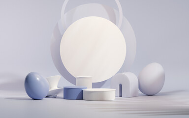Easter eggs podium with 3d render vector in pastel blue and purple background. Easter day with geometry platform for product. stand to show cosmetic products. Stage showcase on pedestal display.
