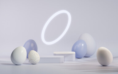 Easter eggs podium with 3d render vector in pastel blue and purple background. Easter day with geometry platform for product. stand to show cosmetic products. Stage showcase on pedestal display.
 - obrazy, fototapety, plakaty