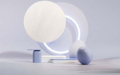 Easter eggs podium with 3d render vector in pastel blue and purple background. Easter day with geometry platform for product. stand to show cosmetic products. Stage showcase on pedestal display.
