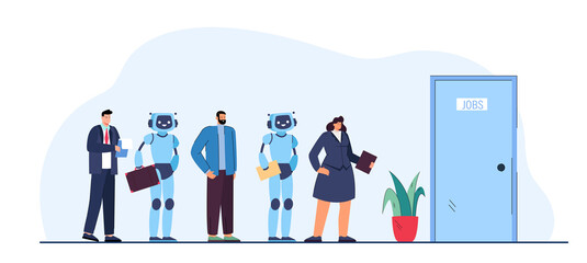 People and robots getting job flat vector illustration. Robots and business people standing in line to be interviewed for work in age of technology and innovation. Recruitment, employment concept