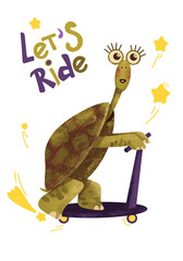 Fototapeta premium A baby turtle on a scooter rushes into summer