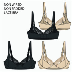 Technical Sketch of NON WIRED NON PADDED LACE BRA in beige and black color fashion flat editable vector sketch