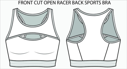 Technical Sketch of FRONT CUT OPEN RACER BACK SPORTS BRA in editable vector sketch